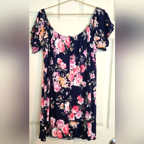 Charlotte Russe Off The Shoulder Short Sleeve Blue Floral Swing Mini Dress - Picture 5 of 6